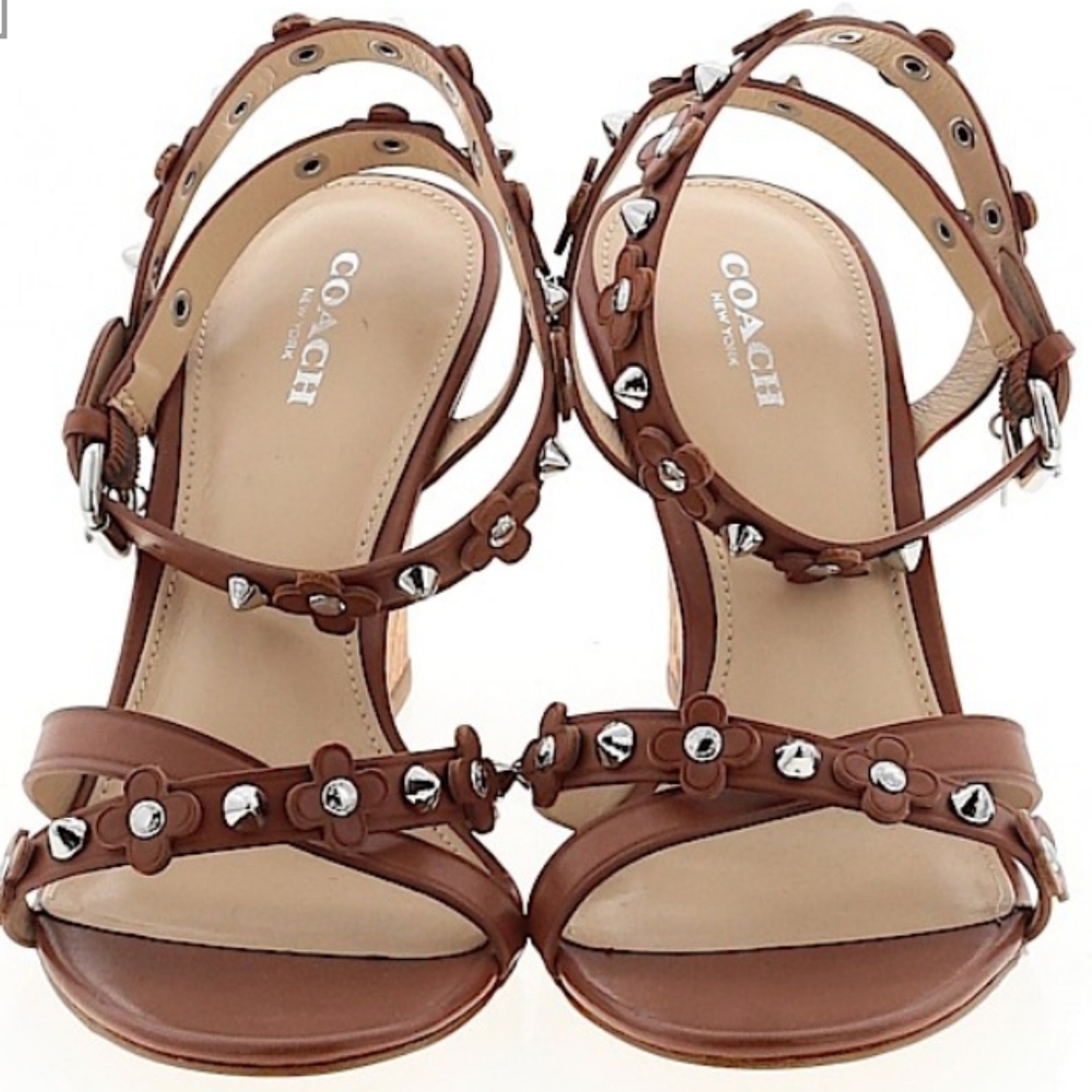 Coach Brown Floral Silver Stud Wedge Sandals